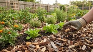 Une main gantée applique des copeaux de bois comme paillage autour de jeunes plants de salade, tomates et œillets d'Inde dans un potager.
