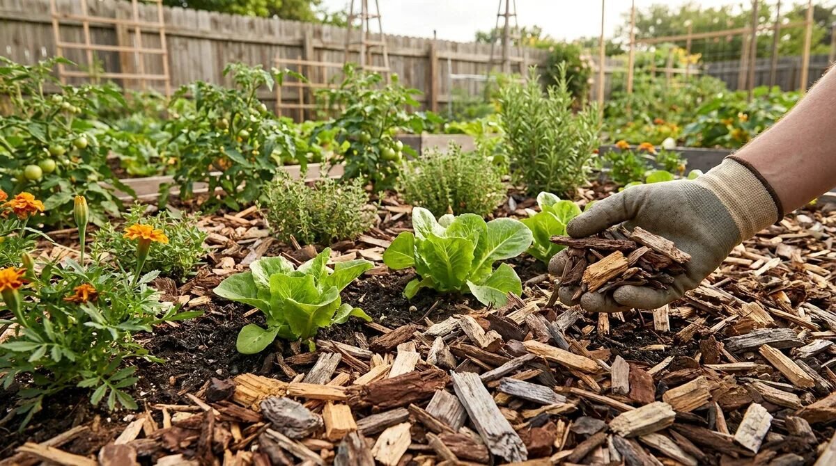 Une main gantée applique des copeaux de bois comme paillage autour de jeunes plants de salade, tomates et œillets d'Inde dans un potager.