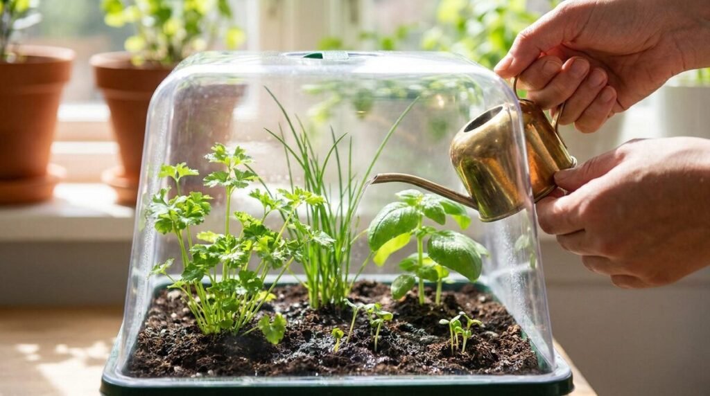 Mains arrosant des jeunes pousses d'herbes aromatiques dans une petite serre intérieure transparente.