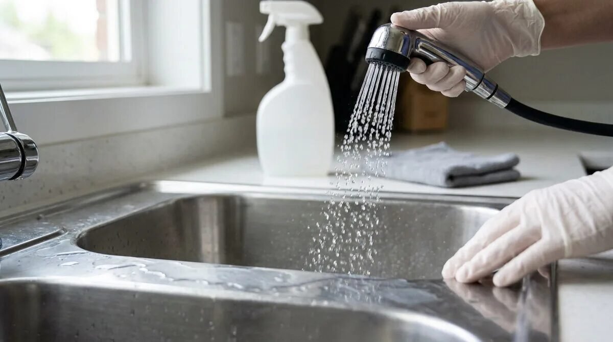 Mains gantées rinçant un évier de cuisine en inox avec un jet d'eau d'un pulvérisateur. Bouteille de nettoyage en arrière-plan.