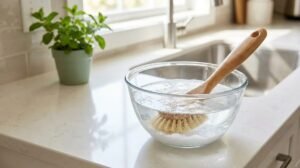 Une brosse à vaisselle en bois trempée dans un bol d'eau savonneuse sur un comptoir de cuisine propre.