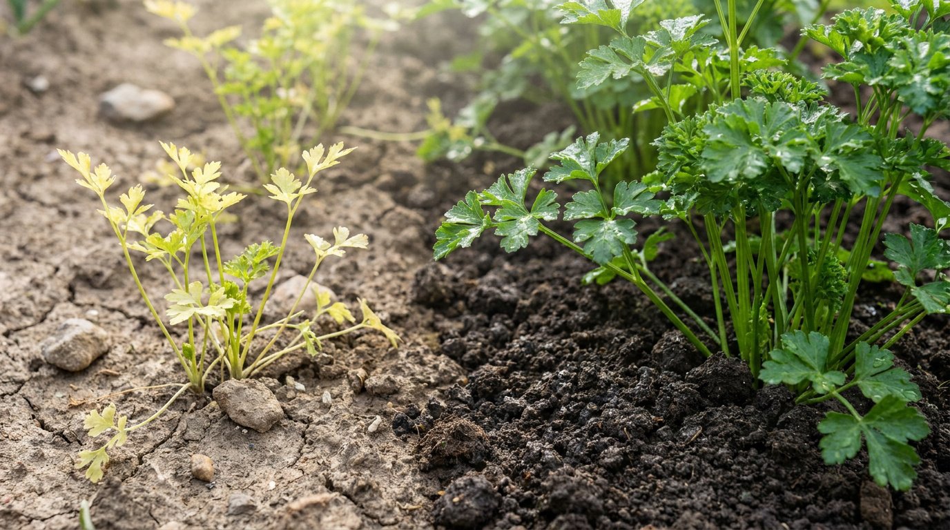 Comparaison entre un plant de persil jauni dans un sol sec et un plant sain dans un sol riche et humide au potager.