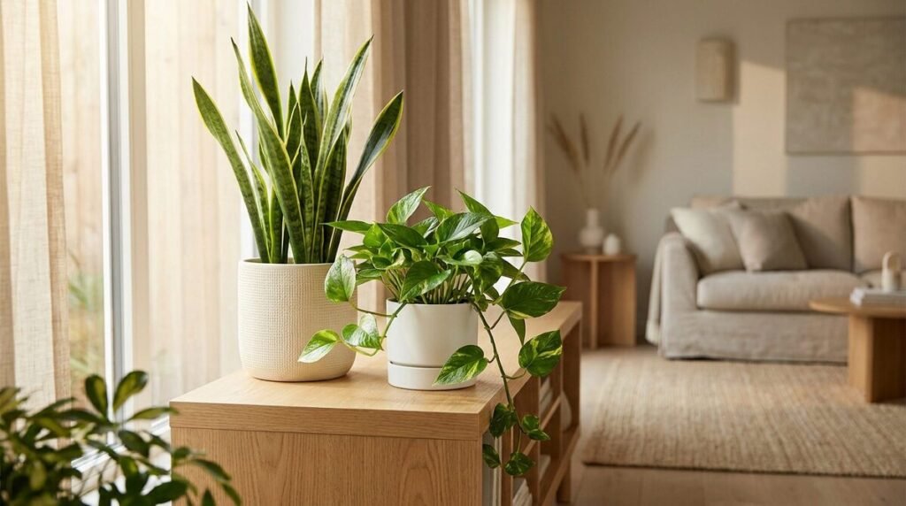 Sansevieria et pothos dans des pots blancs sur un meuble en bois devant une fenêtre ensoleillée.