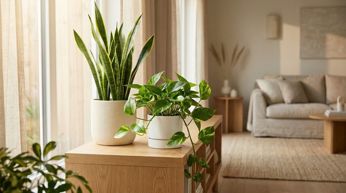 Sansevieria et pothos dans des pots blancs sur un meuble en bois devant une fenêtre ensoleillée.