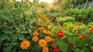 Potager diversifié avec des tomates, des œillets d'Inde et des capucines sous un soleil couchant.