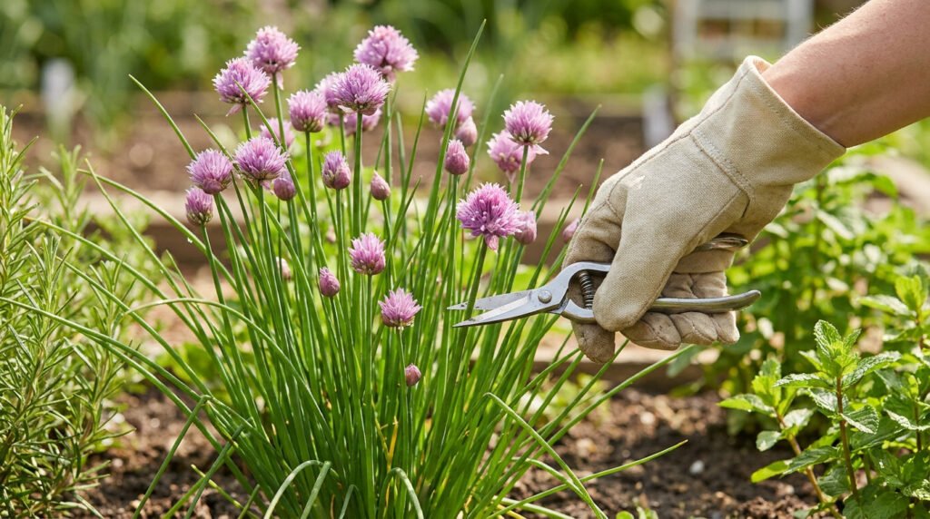 Une main gantée tenant un sécateur s'apprête à couper les fleurs mauves d'un pied de ciboulette au jardin.