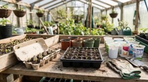 Table de jardin en bois dans une serre avec divers contenants de semis réutilisés comme des boîtes d'œufs et des pots.