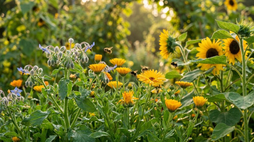 Des abeilles butinent des fleurs de souci, de bourrache et de tournesol dans un jardin ensoleillé.