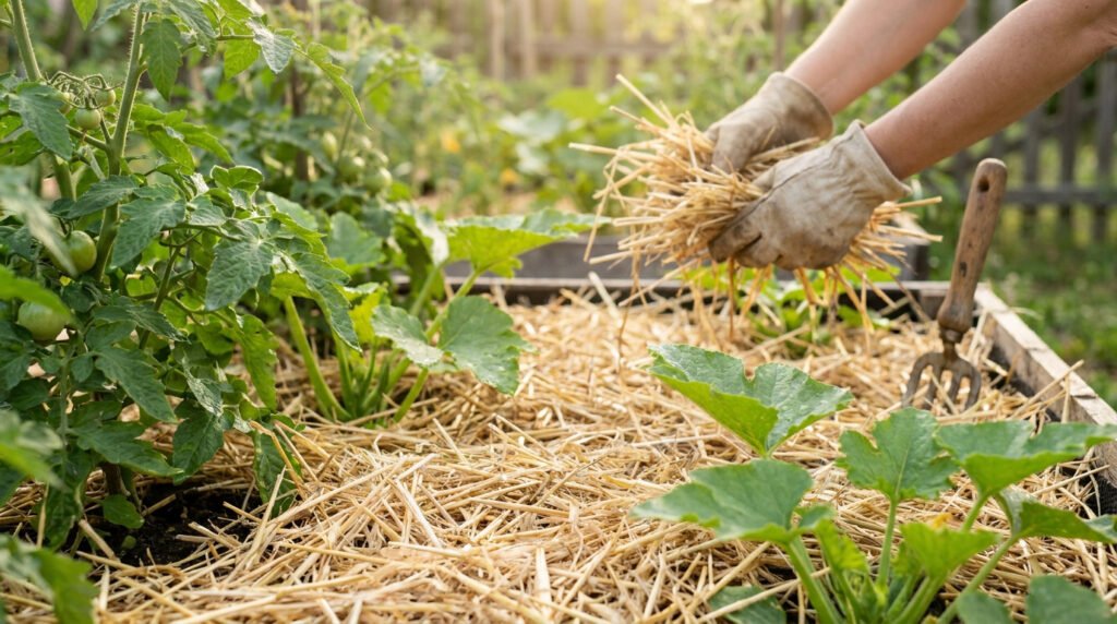 Des mains gantées déposent de la paille autour de plants de tomates et de courges dans un potager ensoleillé.