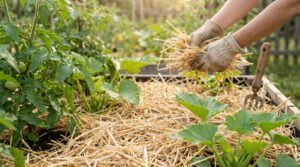 Des mains gantées déposent de la paille autour de plants de tomates et de courges dans un potager ensoleillé.