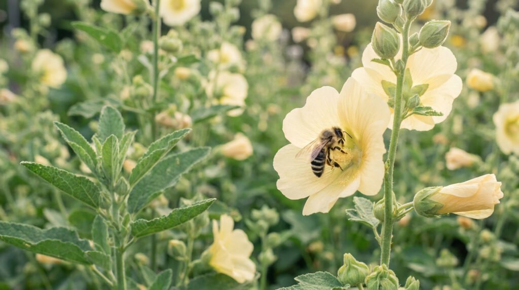 Une abeille récolte du pollen sur une fleur jaune pâle dans un jardin ensoleillé.