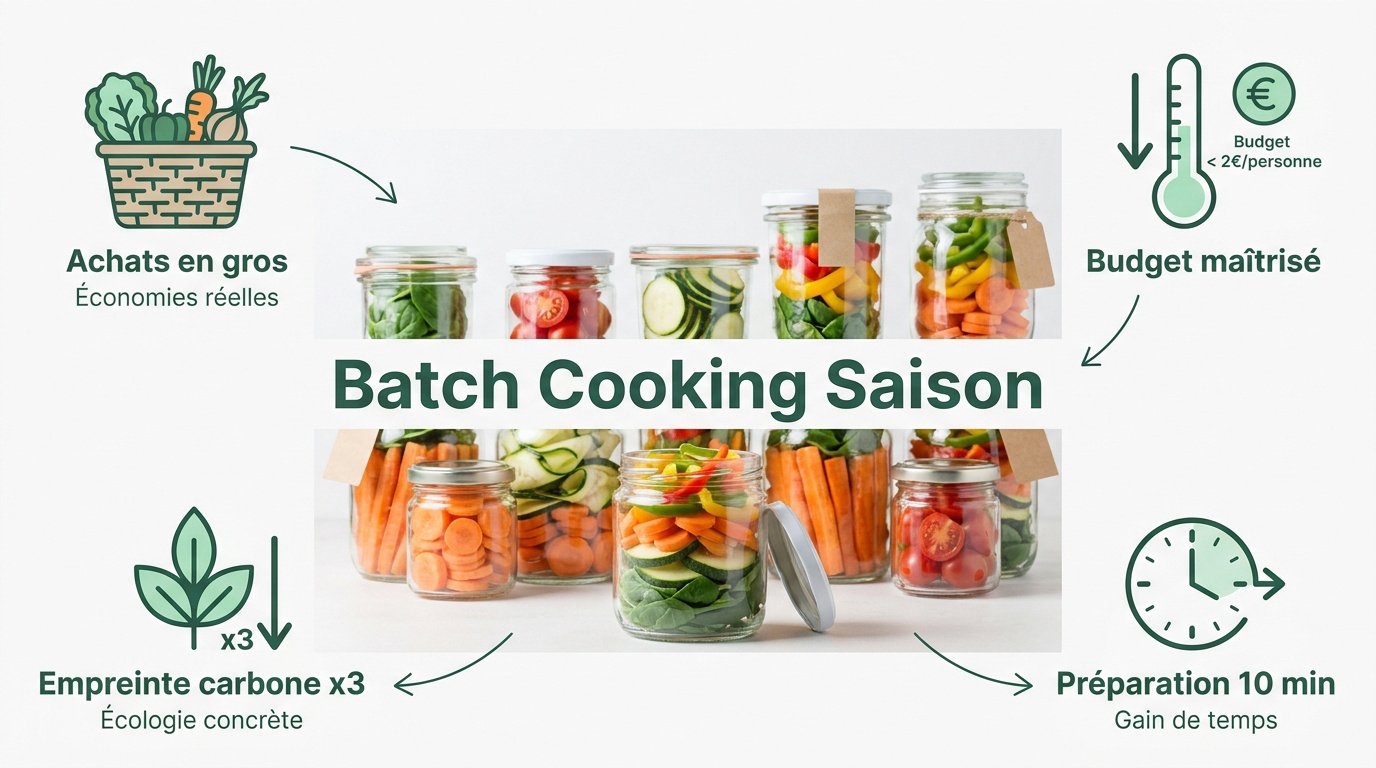 Préparation de légumes de saison pour le batch cooking dans une cuisine éco-responsable