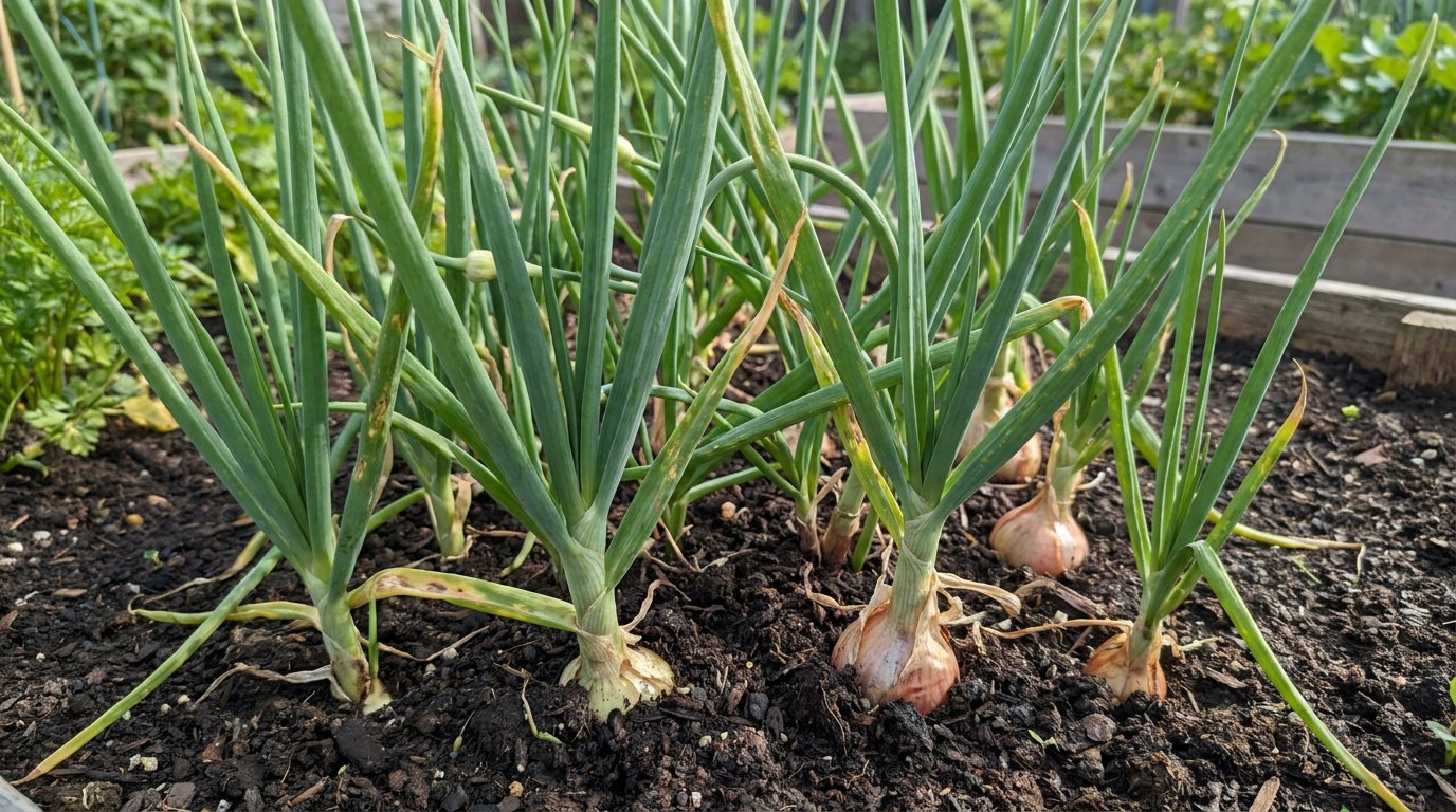Jeunes pousses d'oignons plantées dans un sol riche en terreau dans un potager.