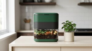Un composteur de cuisine vert et transparent posé sur un comptoir à côté d'une petite plante en pot.