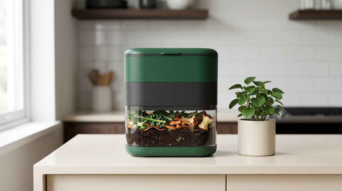 Un composteur de cuisine vert et transparent posé sur un comptoir à côté d'une petite plante en pot.