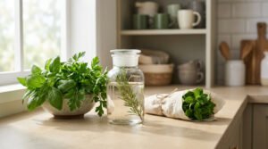 Herbes aromatiques fraîches dans une cuisine, incluant un bol, un bocal d'eau avec du romarin et un bouquet emballé.