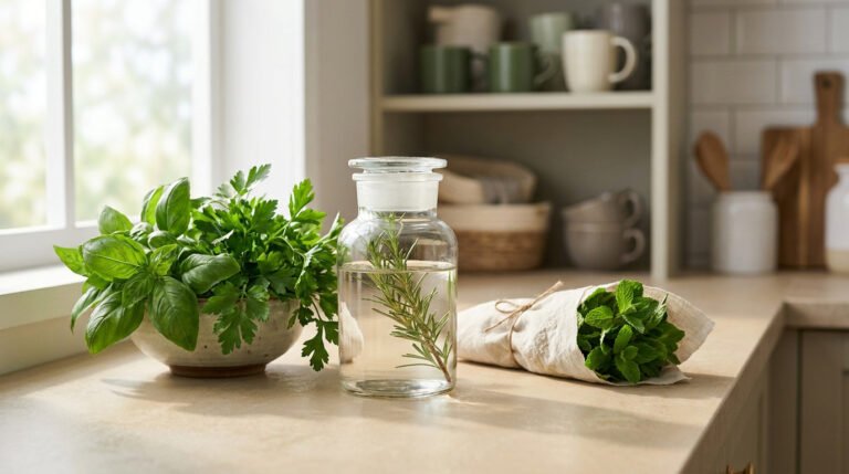 Herbes aromatiques fraîches dans une cuisine, incluant un bol, un bocal d'eau avec du romarin et un bouquet emballé.