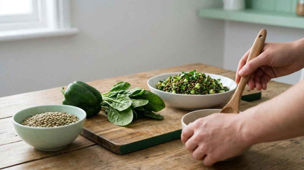 Une personne cuisine des lentilles, des épinards et un poivron vert sur une planche en bois dans une cuisine lumineuse.