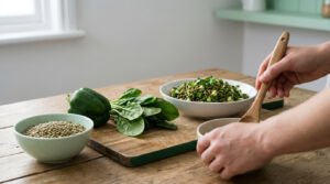 Une personne cuisine des lentilles, des épinards et un poivron vert sur une planche en bois dans une cuisine lumineuse.