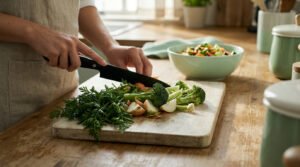 Une personne coupe des fanes de carottes et du brocoli sur une planche en bois dans une cuisine lumineuse.