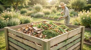 Un jardinier en chapeau retourne un bac à compost en bois rempli de déchets organiques au milieu d'un jardin ensoleillé.