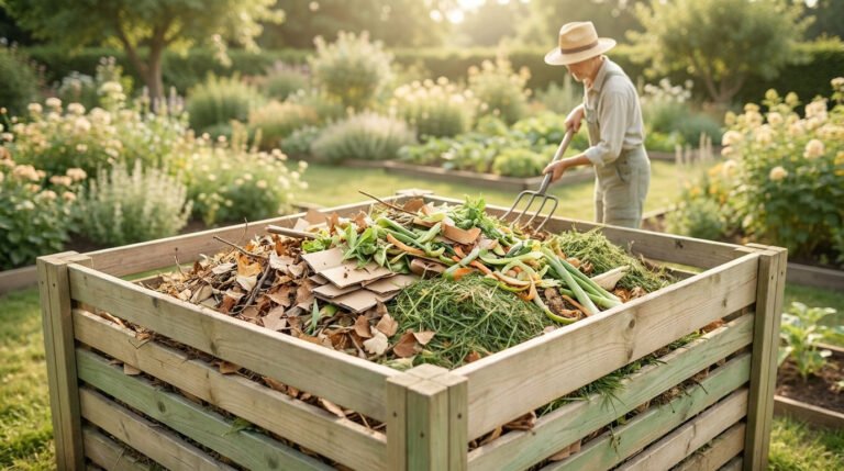 Un jardinier en chapeau retourne un bac à compost en bois rempli de déchets organiques au milieu d'un jardin ensoleillé.