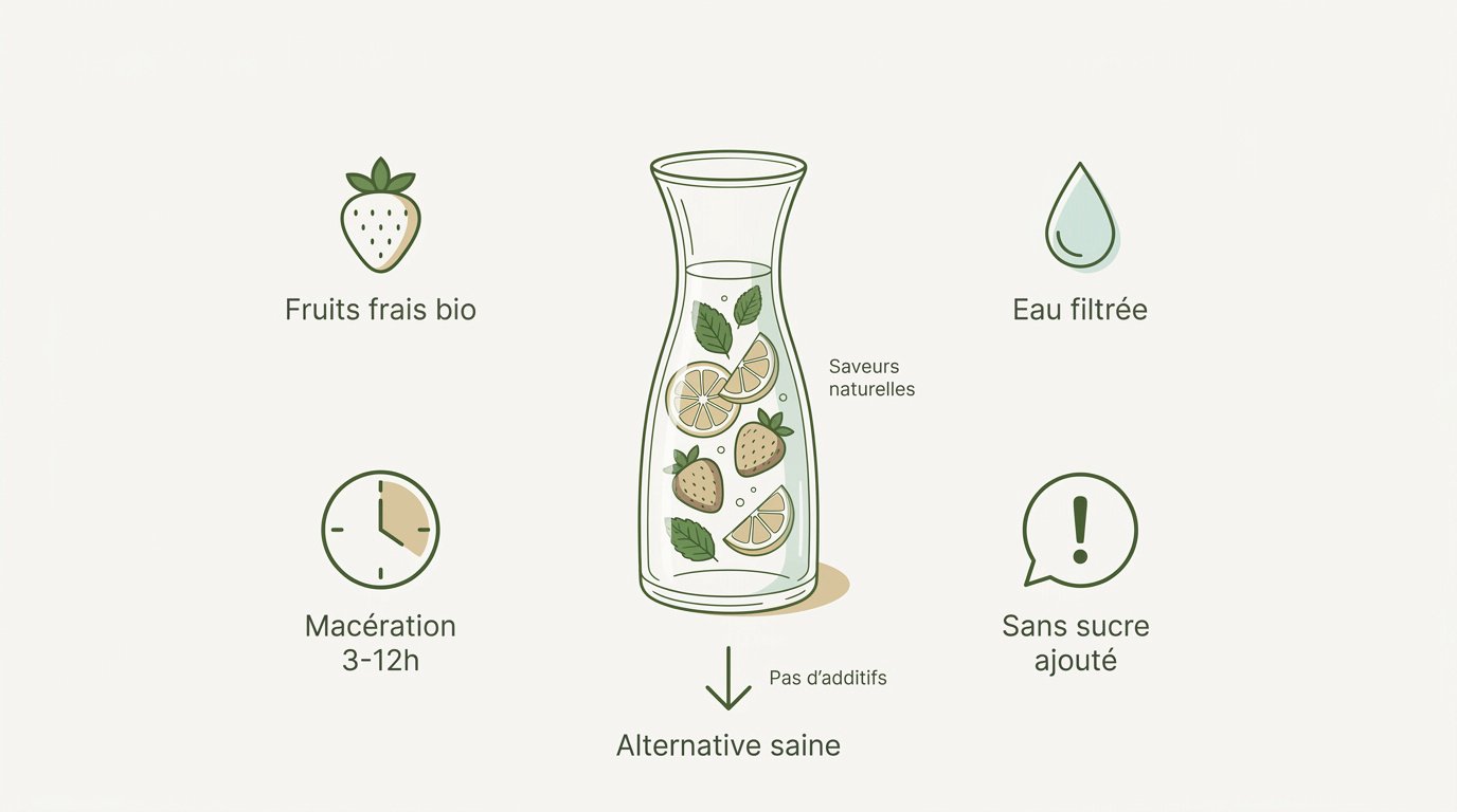 Carafe d'eau aromatisée maison avec des tranches de fruits frais et des herbes