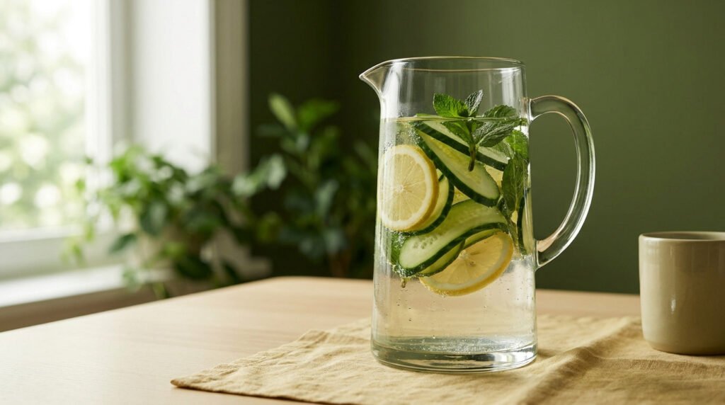 Une carafe en verre remplie d'eau infusée avec des tranches de citron, de concombre et des feuilles de menthe fraîche.