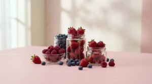 Fraises, framboises et myrtilles fraîches disposées dans des bocaux en verre sur une table rose.