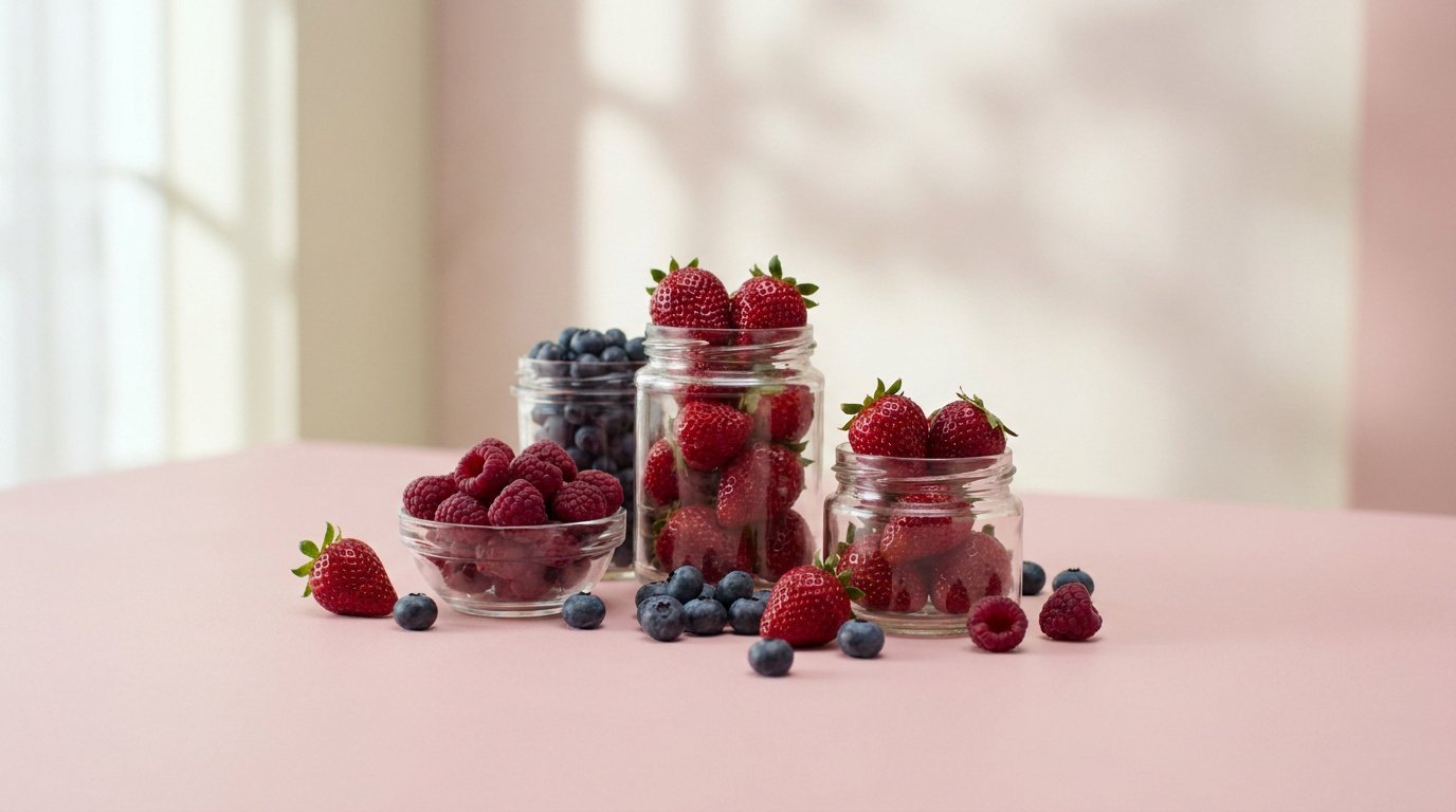 Fraises, framboises et myrtilles fraîches disposées dans des bocaux en verre sur une table rose.