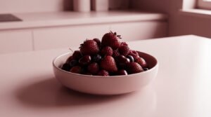 Un bol rempli de fraises, framboises, cerises et myrtilles posé sur un plan de travail rose minimaliste.