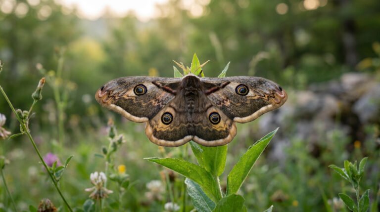 Un magnifique Grand Paon de nuit aux ailes déployées posé sur une tige verte au milieu d'un jardin fleuri.