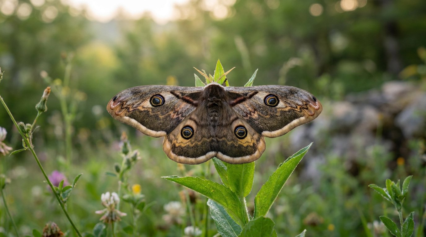 Un magnifique Grand Paon de nuit aux ailes déployées posé sur une tige verte au milieu d'un jardin fleuri.