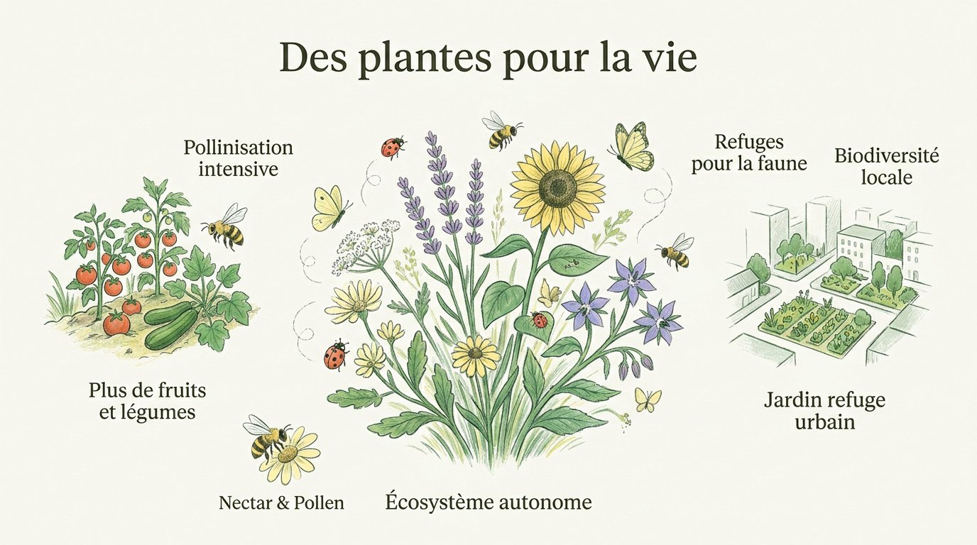 Abeille butinant une fleur mellifère dans un jardin biodiversifié