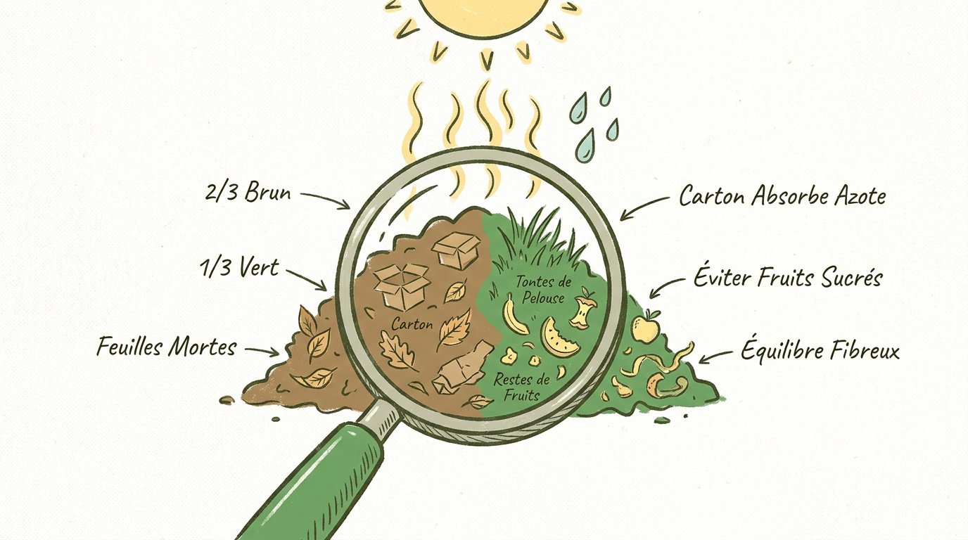 Infographie expliquant l'équilibre entre matières vertes et brunes pour le compost en été