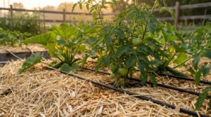 Potager avec pieds de tomates et courgettes, paillage de paille et système d'irrigation goutte-à-goutte au soleil couchant.