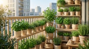 Un balcon urbain ensoleillé rempli de plantes aromatiques en pots en terre cuite sur des étagères en bois.