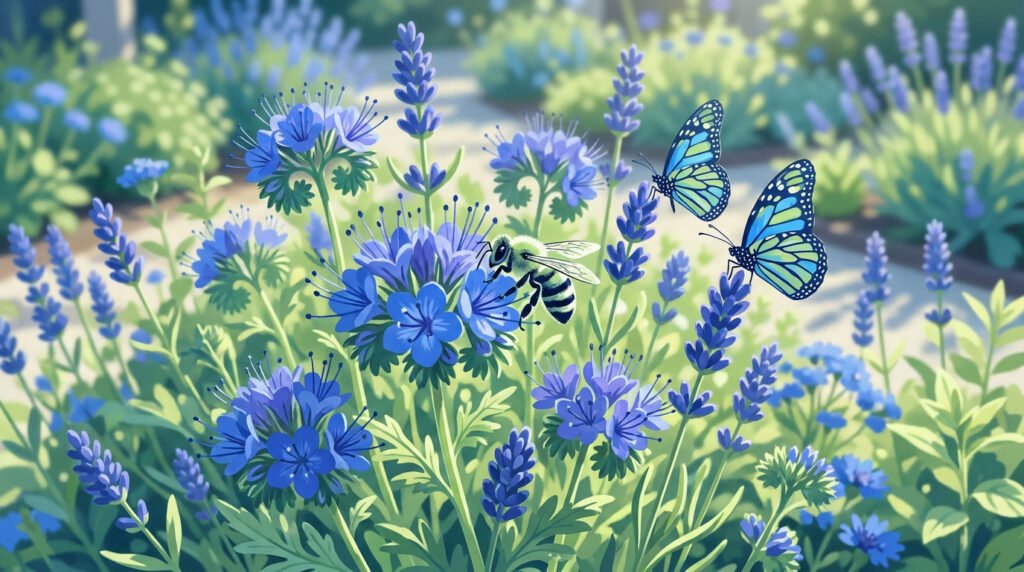 Une abeille et des papillons butinant des fleurs bleues dans un jardin ensoleillé.