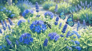 Une abeille et des papillons butinant des fleurs bleues dans un jardin ensoleillé.