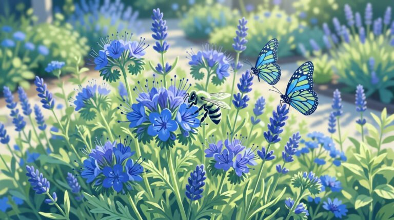 Une abeille et des papillons butinant des fleurs bleues dans un jardin ensoleillé.