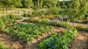 Un jardin potager luxuriant avec des légumes, des arbres fruitiers et des fleurs colorées par une journée ensoleillée.
