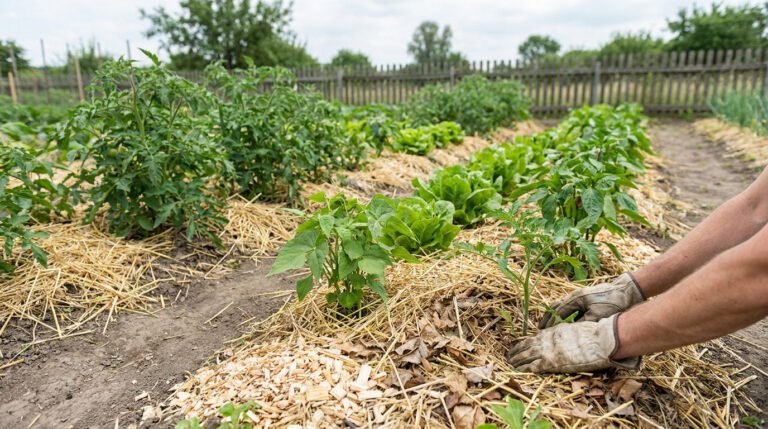 Mains gantées disposant du paillage organique autour de jeunes pousses de légumes au potager.