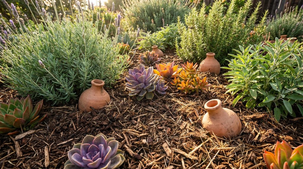 Gros plan sur un jardin sec avec des succulentes et des pots en terre cuite enterrés pour l'irrigation.