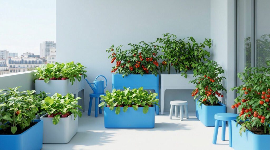Balcon aménagé avec des bacs de jardinage bleus et blancs contenant des tomates cerises et des radis.