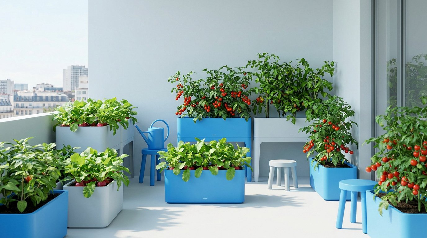 Balcon aménagé avec des bacs de jardinage bleus et blancs contenant des tomates cerises et des radis.