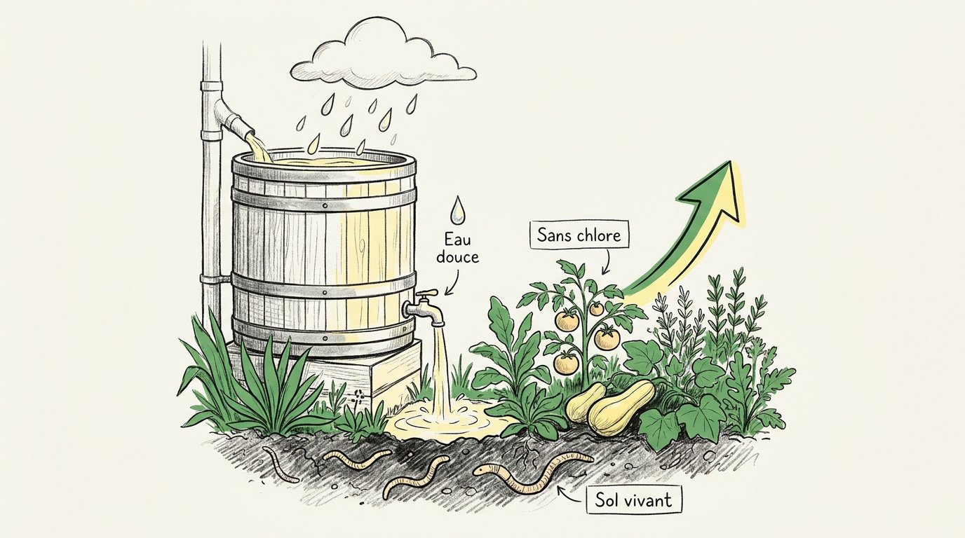 Récupérateur d'eau de pluie dans un jardin écologique avec plantes et sol vivant