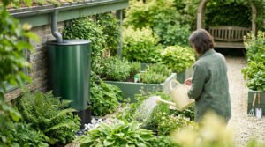 Une personne arrose son jardin avec un arrosoir rempli depuis un récupérateur d'eau de pluie vert adossé à un mur.