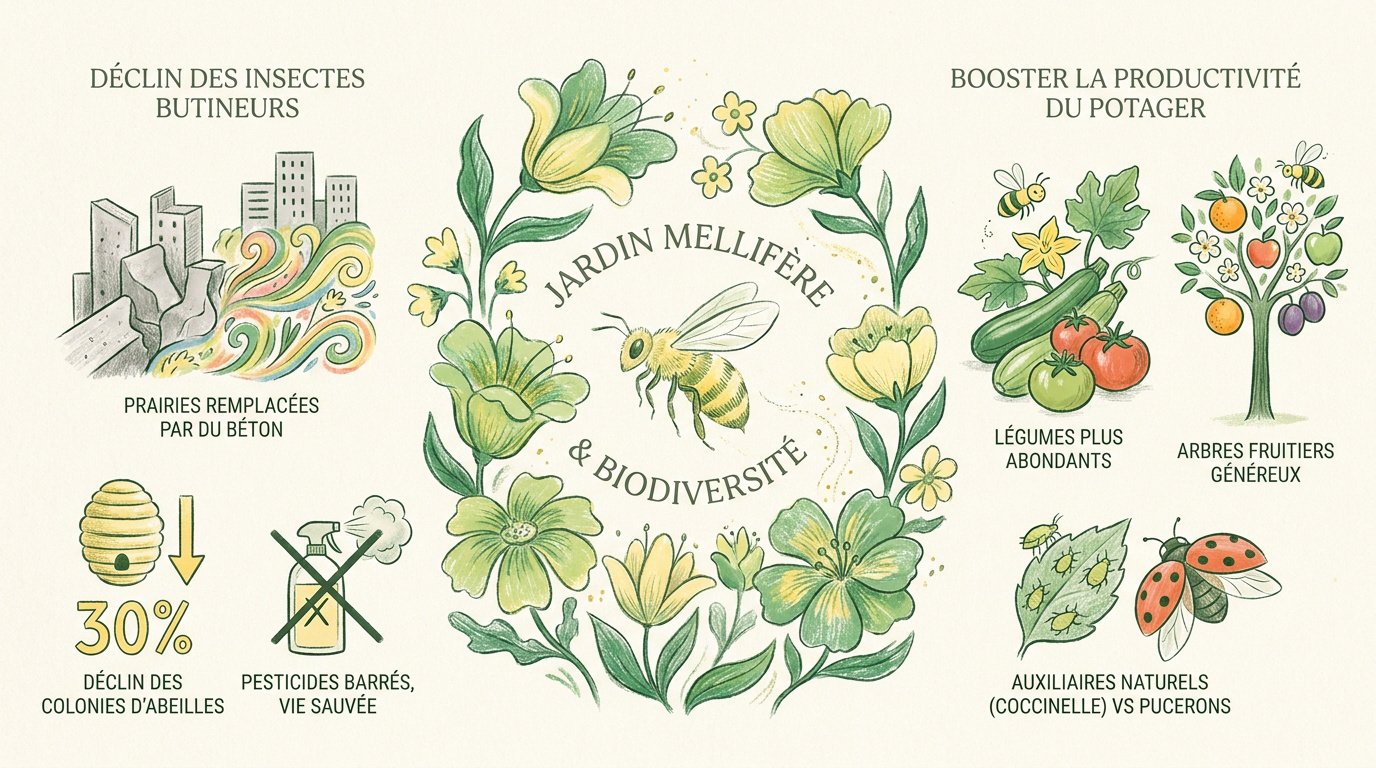 Abeille butinant une fleur dans un jardin mellifère florissant