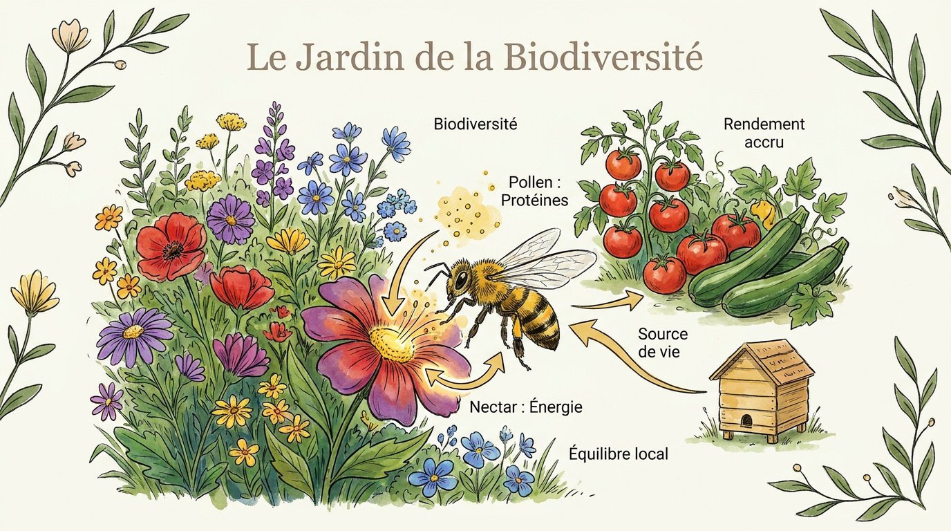 Abeille butinant une fleur mellifère dans un jardin écologique