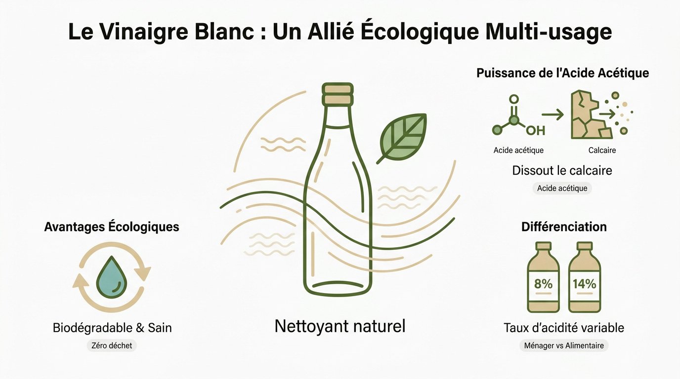 Bouteille de vinaigre blanc et accessoires de nettoyage naturels pour un habitat durable
